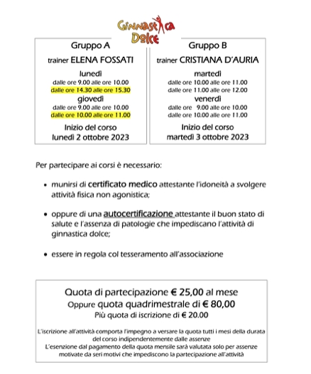 GINNASTICA DOLCE: DIVERSE POSSIBILITÀ, GIORNI E ORARI - 
