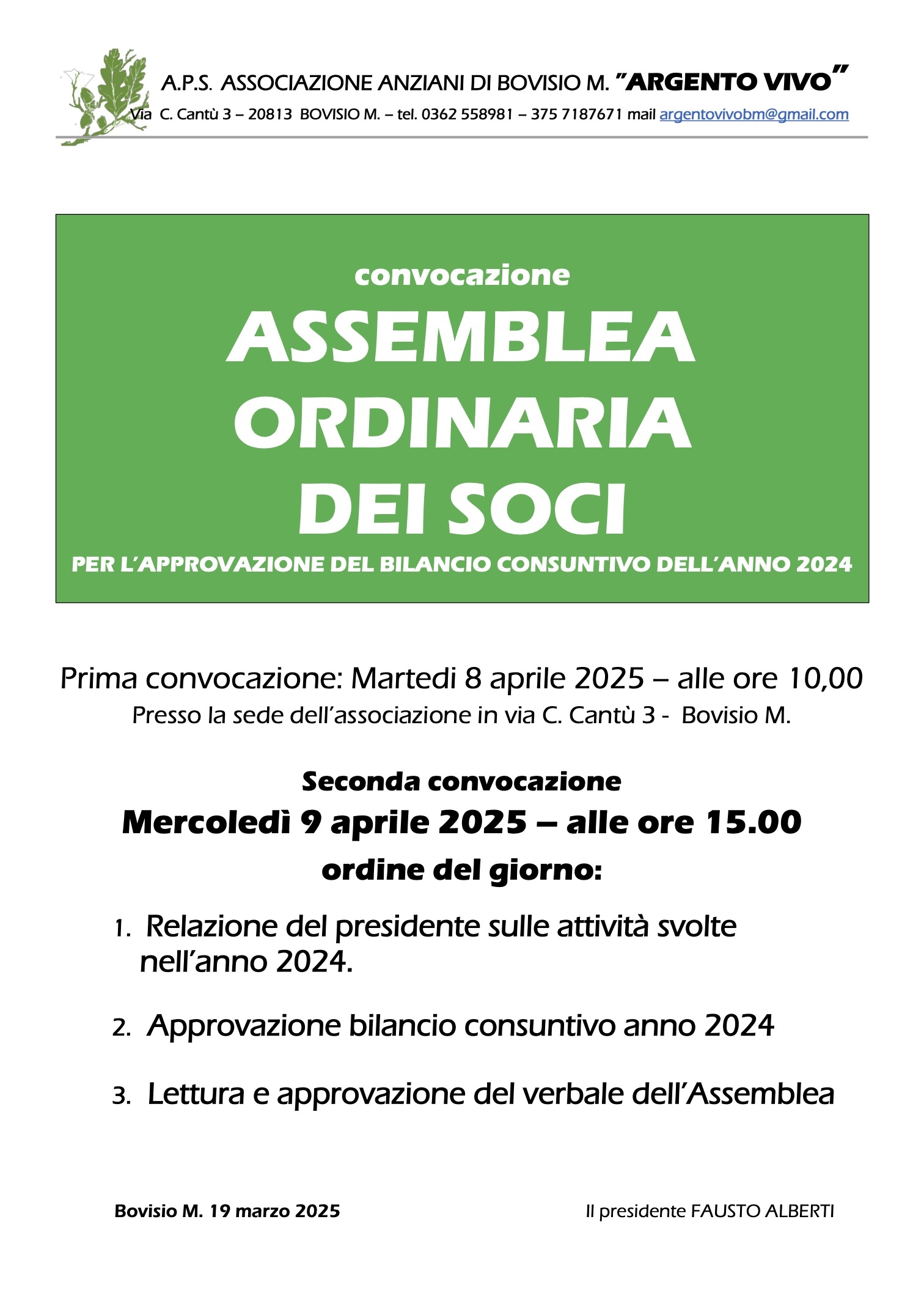 CONVOCAZIONE ASSEMBLEA ORDINARIA SOCI - 